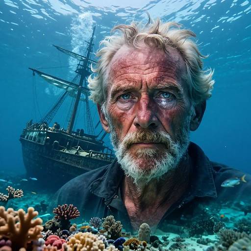 Photorealistic underwater photograph of an older, white-haired, bearded man with intense blue eyes, wearing a black shirt, standing in front of a