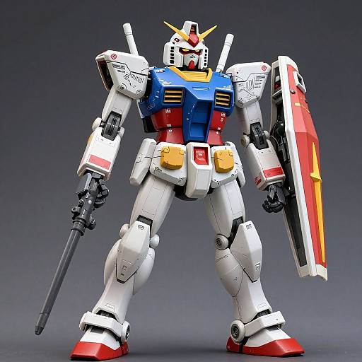 Photograph of a detailed, colorful, anime-style mecha robot with white armor, blue chest, red accents, yellow horns, large shield, and