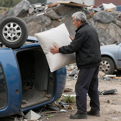 Older Man Holding Cushion by Overturned Car