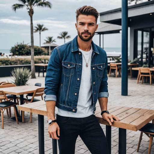 Casual man in denim jacket at beachside café