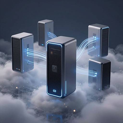 Photograph of four futuristic, blue-lit, rectangular speakers floating on a cloud-filled, dark blue background with glowing blue lines connecting them.