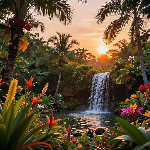 Sunset Tropical Waterfall Garden