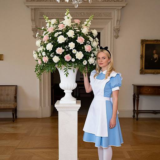 Photorealistic CGI of a blonde woman in blue and white Alice in Wonderland maid outfit, standing beside a white pedestal with a large, colorful floral arrangement