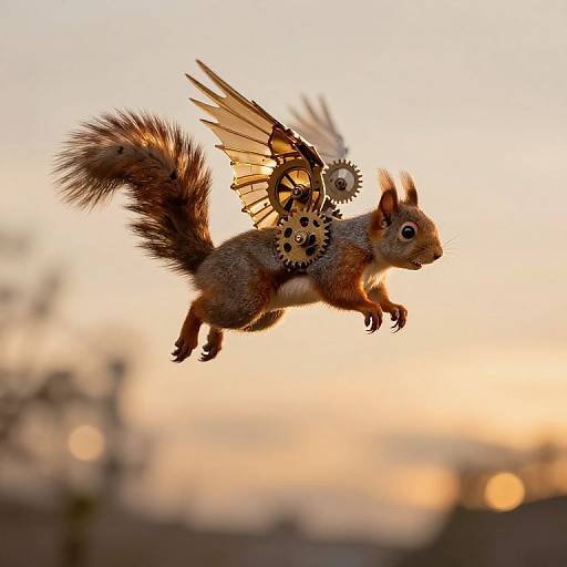 Photograph of a flying, steampunk-style squirrel with brass gears and feathered wings, set against a blurred sunset background.
