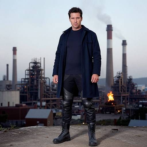 Photograph of a serious, dark-haired man in a black coat, leather pants, and boots, standing on an industrial rooftop with a factory background and