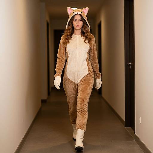 Photograph of a woman in a brown, furry, cat costume with pink ears, white gloves, and boots, walking down a dimly lit hallway