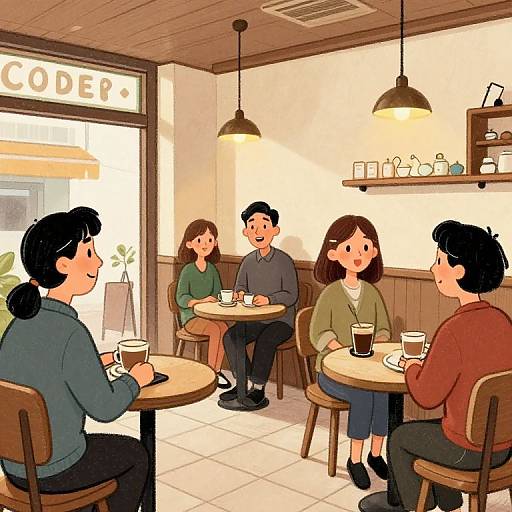 Digital illustration of five diverse people, three women and two men, sitting at a cozy café, drinking coffee, under warm lights.