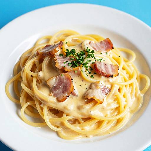 Photograph of creamy pasta with bacon slices and fresh parsley on a white plate against a blue background.
