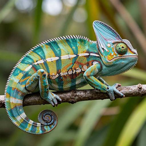 Close-up photograph of a vibrant, multicolored chameleon with blue, green, and yellow stripes, sitting on a branch in a blurred, green