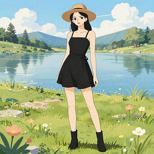 Anime-style digital drawing of a smiling woman with black hair, wearing a black sundress, straw hat, and black ankle boots, standing by a serene