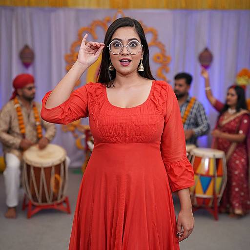 Photograph of a smiling South Asian woman in a red saree, adjusting glasses, standing center stage with musicians in traditional attire in the background.