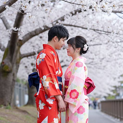 Photograph of a Japanese couple in traditional red and white kimonos, standing under blooming cherry blossoms, holding hands, gazing at each