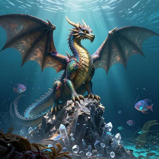 Digital artwork of a vibrant blue and gold dragon with large wings, perched on a crystal-studded rocky outcrop, underwater, surrounded by glowing fish