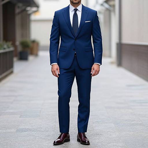 Photograph of a well-dressed man in a navy blue suit, white shirt, and black tie, standing on a paved alleyway.