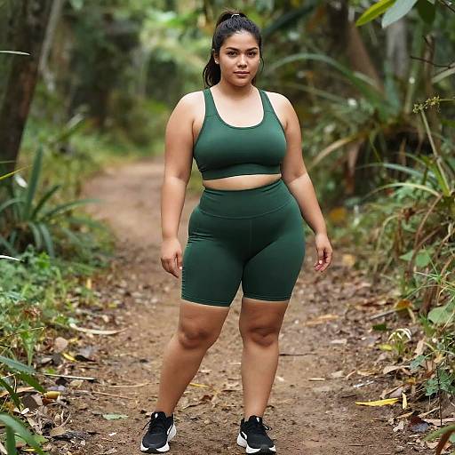 Photograph of a curvy Latina woman with dark hair in a ponytail, wearing a green sports bra and high-waisted shorts, standing on