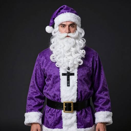 Photograph of a man with a white beard and mustache, wearing a purple Santa suit with white trim, black belt, and hat, against a