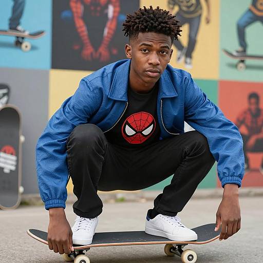Young Male Skateboarder in Blue Jacket