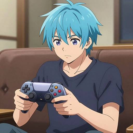 Anime Male Gamer with Blue Hair