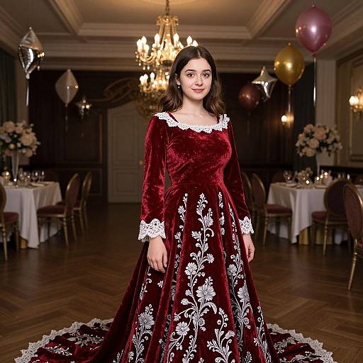 Photograph of a young woman with fair skin and dark hair, wearing a rich red velvet dress with white floral embroidery, standing in an elegant, dim