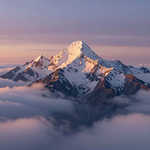 Photograph of a snow-capped mountain peak bathed in warm sunset light, surrounded by fluffy clouds and a pastel sky.