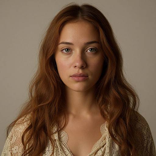 Photograph of a young woman with long, wavy brown hair, light skin, and blue eyes, wearing a beige, knitted, V-neck