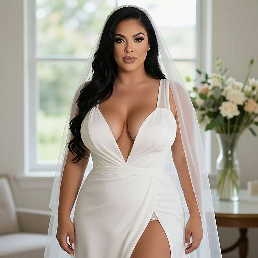 Photograph of a curvy, dark-haired woman with large breasts in a deep V-neck white wedding dress and veil, standing in a sunlit room