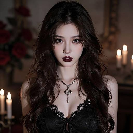 Gothic-style photograph of a pale, dark-haired woman with intense eyes, deep red lipstick, black lace top, and a cross necklace, surrounded
