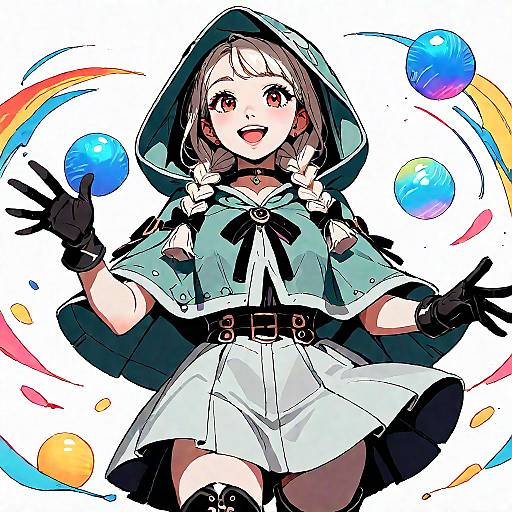 Anime Girl in Green Hooded Capelet with Magical Orbs