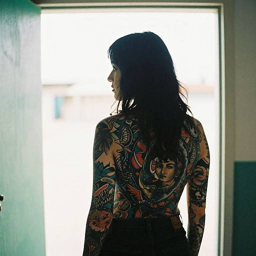 Photograph of a silhouetted woman with extensive colorful tattoos on her back and arms, standing in front of a bright window.