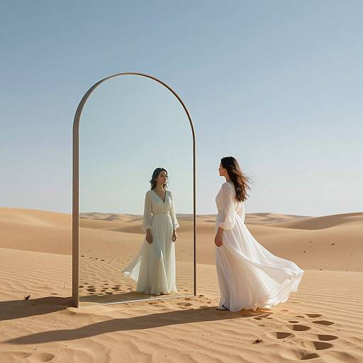 Photograph of two women in white dresses, one standing, one reflected, in a desert with a metal arch and clear blue sky.