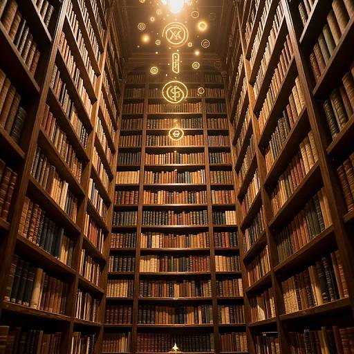 Photograph of a grand, dimly-lit library with towering wooden bookshelves filled with books, illuminated by warm overhead lights and glowing symbols in