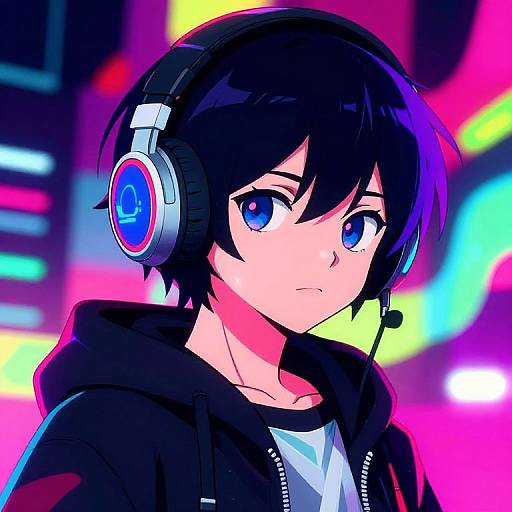 Anime-style digital drawing of a young boy with black hair, blue eyes, wearing a black hoodie and headphones, against a vibrant, neon-lit background