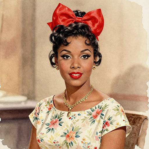 Vintage photograph of a smiling African-American woman with dark skin, red bow, floral dress, gold necklace, and red lipstick.