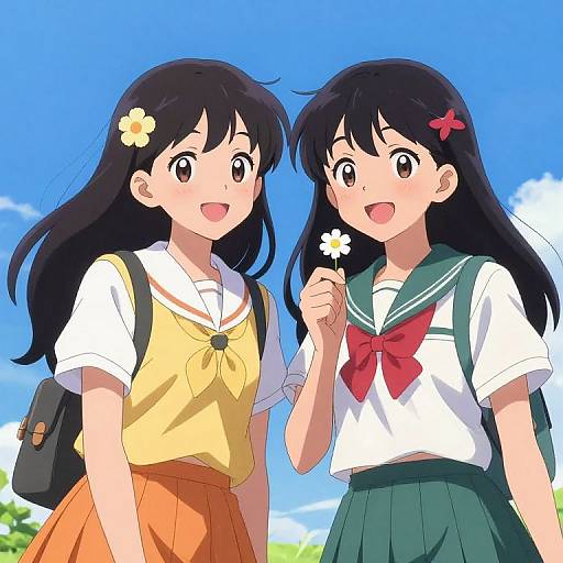 Anime-style digital illustration of two smiling schoolgirls with long black hair, wearing yellow and green sailor uniforms, holding daisies, under a bright blue