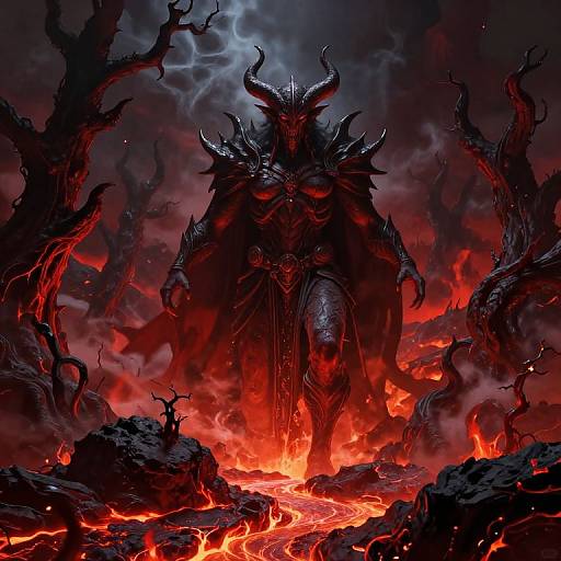 Digital fantasy artwork of a towering, horned, demonic figure with dark armor, standing amidst a fiery, volcanic landscape, surrounded by twisted, charred