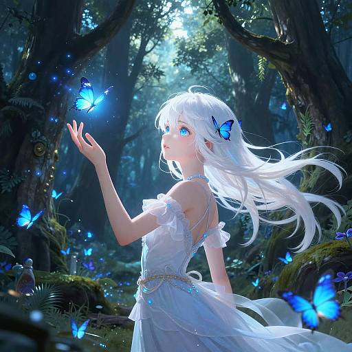 Digital anime-style artwork of a white-haired girl with blue butterfly hairpins, wearing a flowing white dress, gently touching a glowing blue butterfly in a mystical