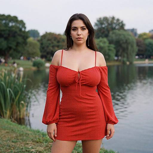 Photograph of a curvy woman with long dark hair, wearing a red off-shoulder dress, standing by a lake with trees in the background