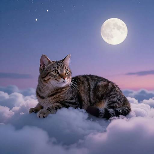 Photograph of a tabby cat with wide eyes, lying on fluffy clouds under a bright full moon in a starry twilight sky.