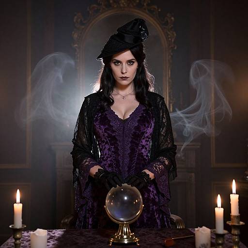 Photograph of a gothic woman with black hair, lace dress, and hat, holding hands in front, surrounded by candles and smoke.