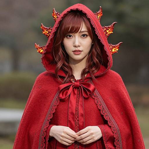 Photograph of a young Asian woman with red hair, wearing a red hooded cloak with fiery horn decorations, standing outdoors.