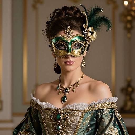 Photograph of a woman in an ornate Venetian mask, green and gold, with a feather, wearing an off-shoulder, green