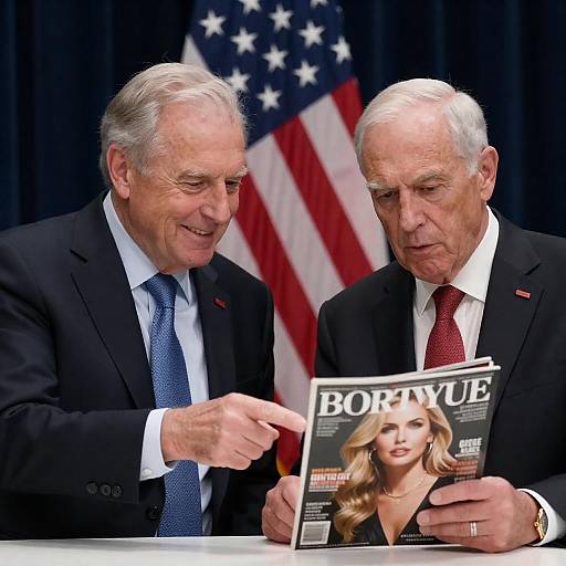 Two Older Men in Suits Reading Magazine with American Flag