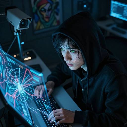 Cyberpunk photograph of a hooded hacker with green eyes, intense focus, typing on a glowing blue-lit laptop, surveillance camera above, dark