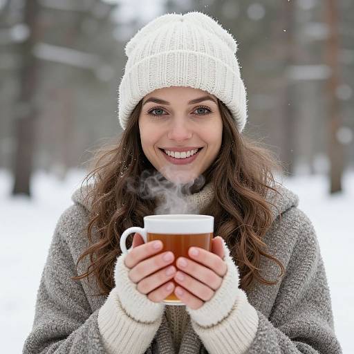 Photograph of a smiling woman with wavy brown hair, wearing a white knit hat, gray coat, and white gloves, holding a steaming mug