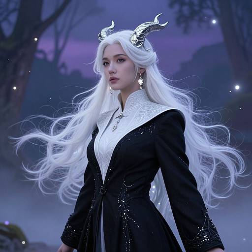 Digital artwork of a white-haired woman with black horns, wearing a black dress with white lace, in a mystical, twilight forest.