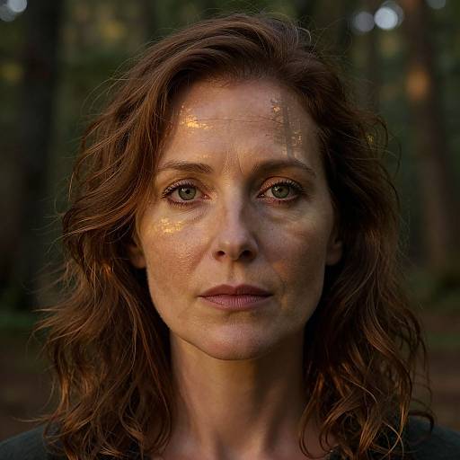Photograph of a serious-faced, middle-aged woman with wavy brown hair, green eyes, and glistening skin, standing in a forest. Warm