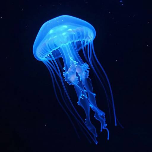 Photograph of a glowing blue jellyfish with translucent, flowing tentacles, floating in a dark, star-filled ocean.