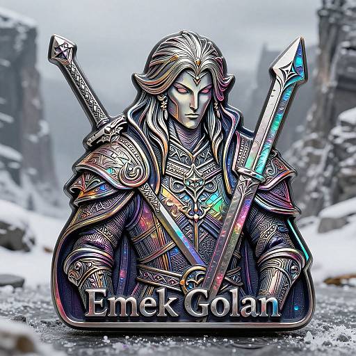 Digital artwork of a silver-haired, armored warrior with glowing rainbow sword and shield, 