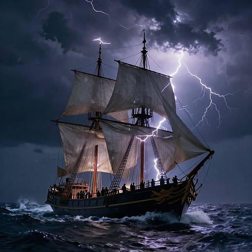 Photorealistic digital art of a storm-tossed, 17th-century ship with billowing sails illuminated by vivid lightning against a dark, turbulent sea