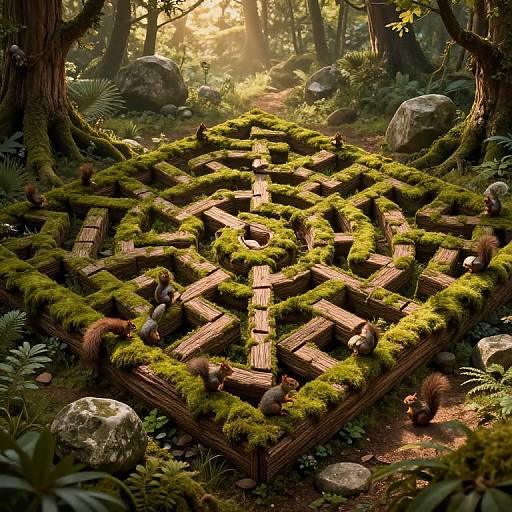 Photorealistic CGI of a moss-covered wooden maze in a sunlit forest, surrounded by rocks, ferns, and small squirrels.